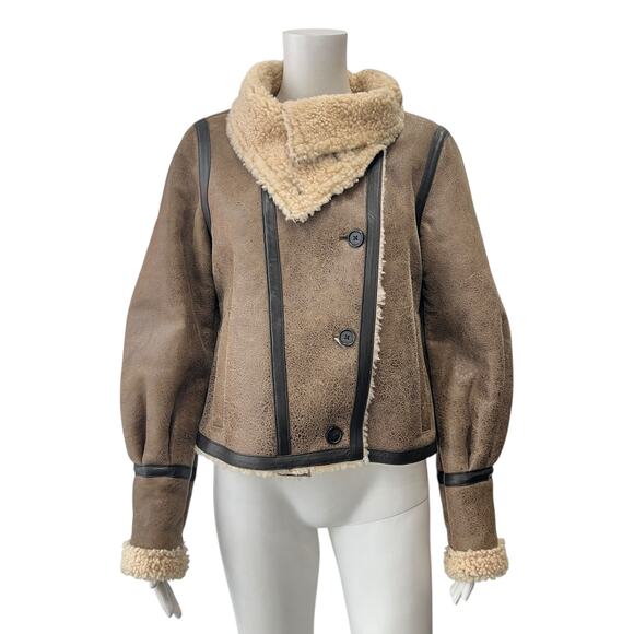 $1695 Veronica Beard Brown Black Shearling Selita Fur Trim Jacket Coat size 6 - Picture 2 of 11